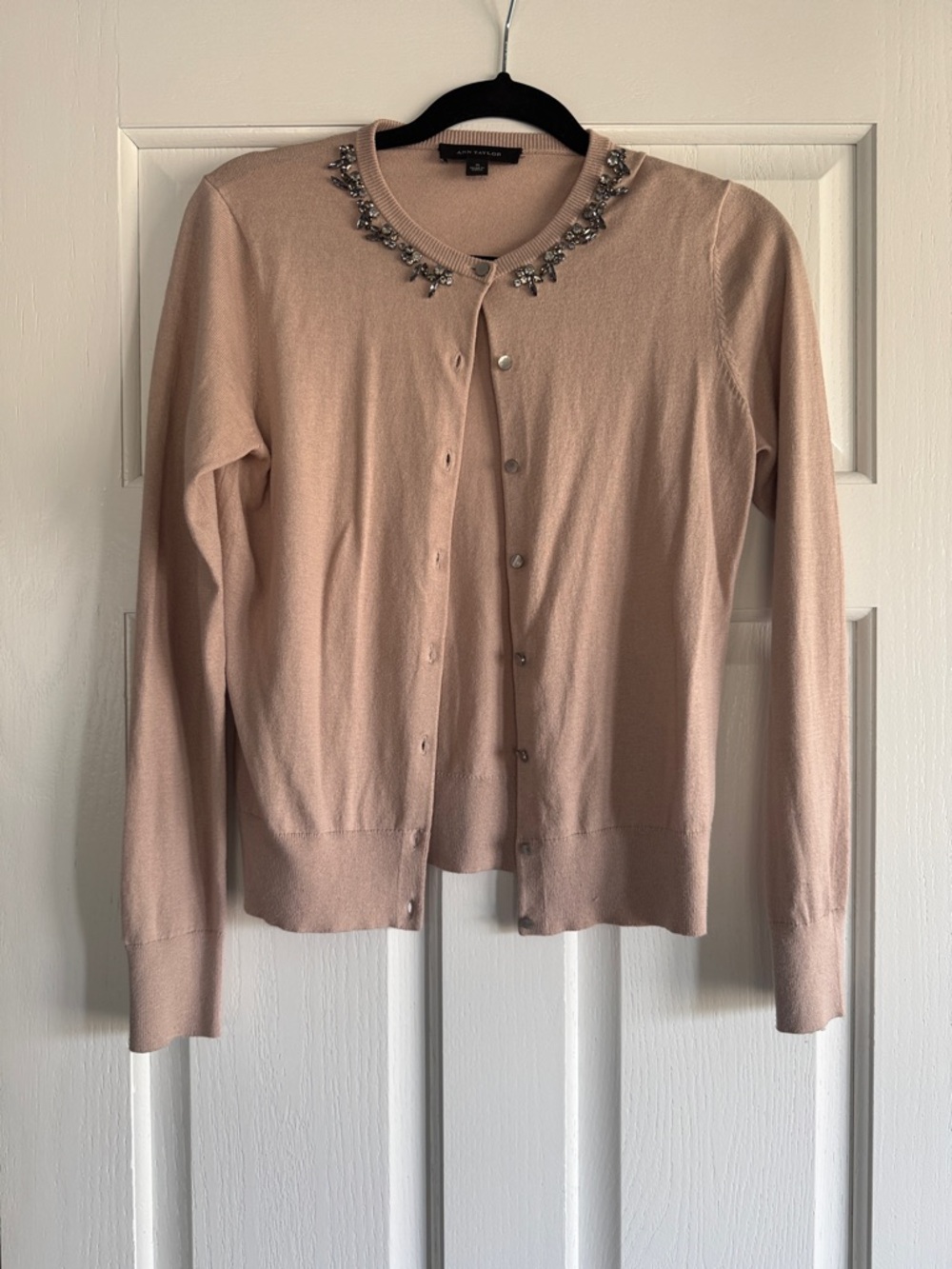 Ann Taylor Jeweled Crewneck Cardigan - Blush